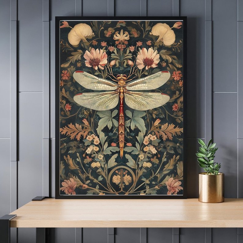 William Morris Style Dragonfly Jigsaw Puzzle: Vintage Floral Pattern - Image 2