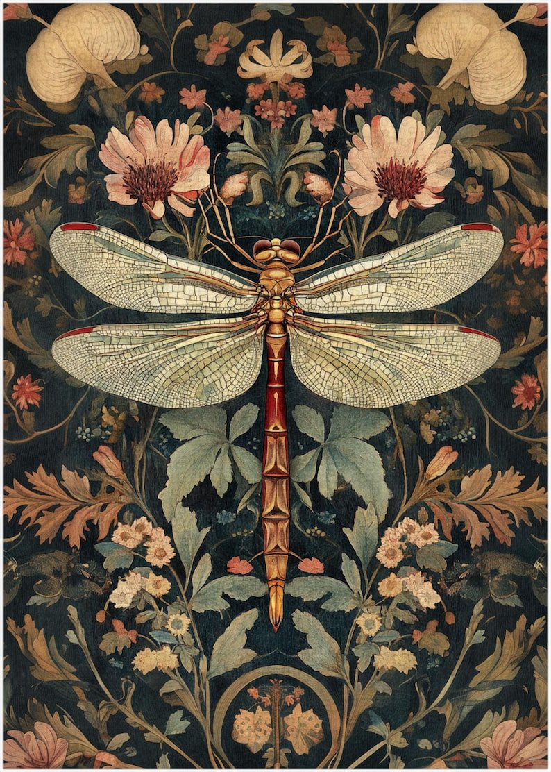 William Morris Style Dragonfly Jigsaw Puzzle: Vintage Floral Pattern - Image 3
