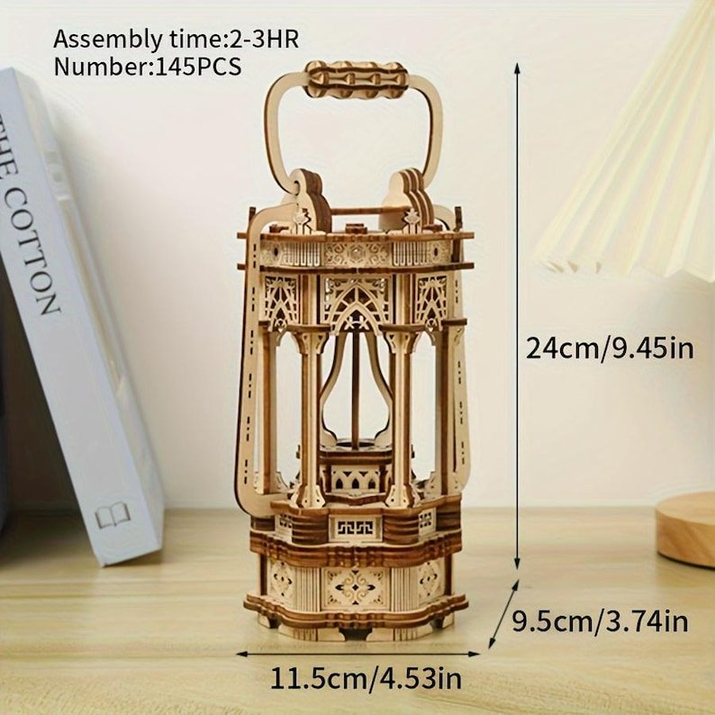 3D Wooden Vintage Lantern Puzzle Kit: Rotating LED Desk Decor - Image 2
