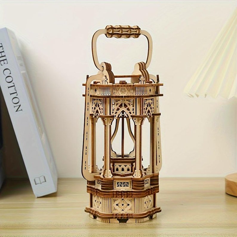 3D Wooden Vintage Lantern Puzzle Kit: Rotating LED Desk Decor - Image 3