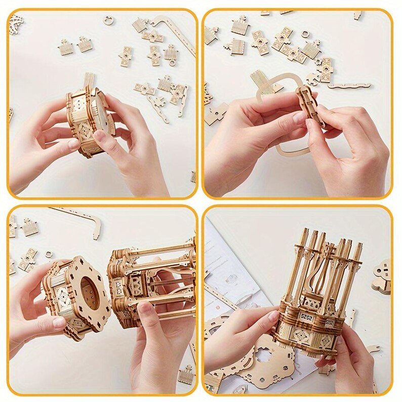 3D Wooden Vintage Lantern Puzzle Kit: Rotating LED Desk Decor - Image 5