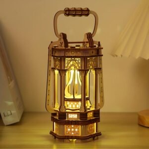 3D Wooden Vintage Lantern Puzzle Kit: Rotating LED Desk Decor