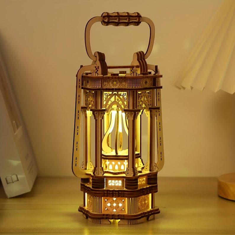 3D Wooden Vintage Lantern Puzzle Kit: Rotating LED Desk Decor