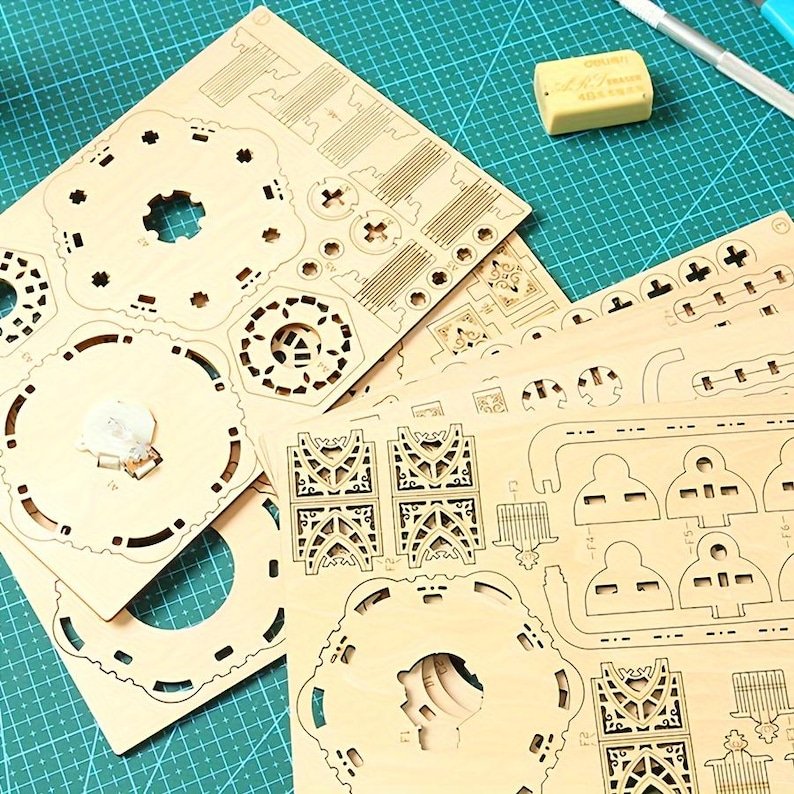 3D Wooden Vintage Lantern Puzzle Kit: Rotating LED Desk Decor - Image 4