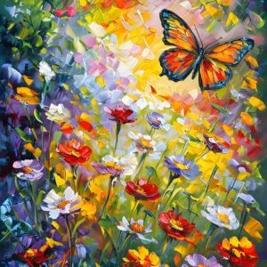 Flower Garden, Oak Wood Jigsaw Puzzle: Colorful Butterfly & Flowers Oil Painting Design
