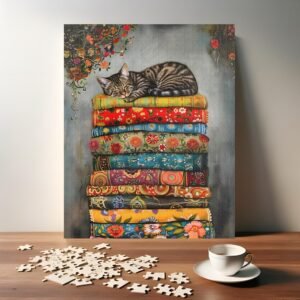Cozy Cat Nap Puzzle - Tabby Kitten on Colorful Fabric Jigsaw